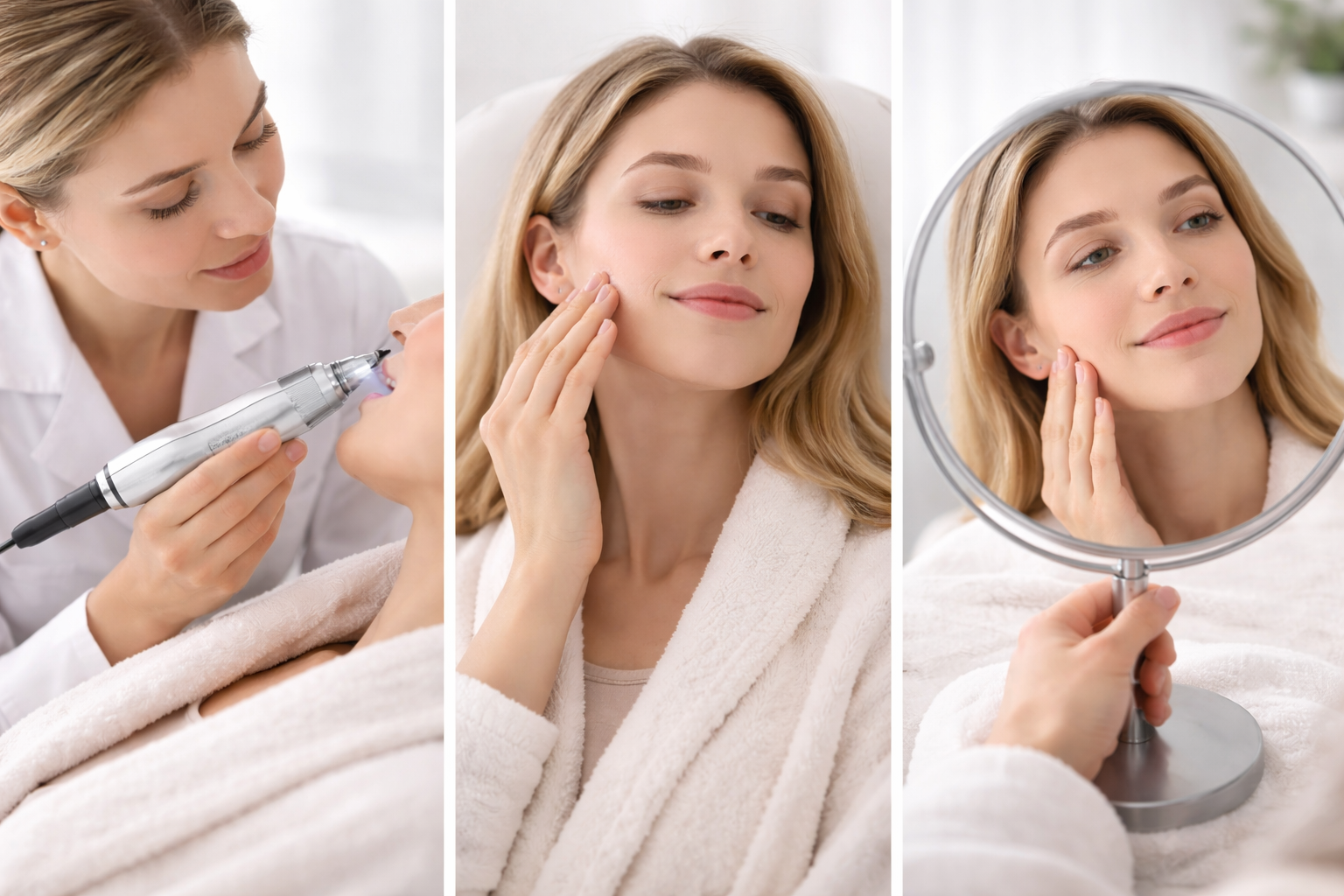 A calm, serene image of a skincare consultation in a modern clinic